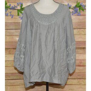 Krazy Kat Ladies Gray Beaded Faux Pearl 3/4 Sleeve Blouse Size XXL Tunic Career